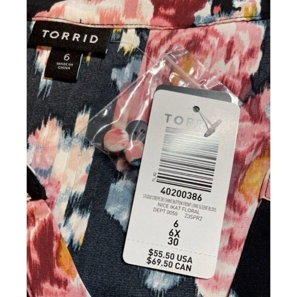 Torrid Studio +6 Black/Pink Floral Crepe De Chine Button Down Long Sleeve Blouse - Picture 6 of 6